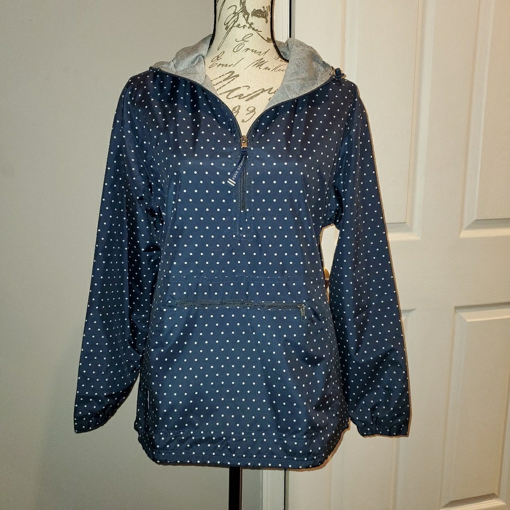 Navy and white polka dot lined pullover jacket